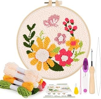 Pllieay Punch Needle Embroidery Starter Kit With Instructions, Fabric, Floral Pattern, Yarns, Hoops, and Threader Tools for Rug-Punch & Pinch Needle