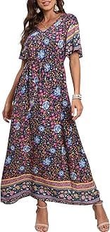 GRECERELLE Womens Summer Maxi Boho Beach Dress Floral Print Dress V Neck Short Sleeve Drawstring High Waist Flowy Long Midi Dresses