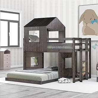 Merax Luxury Wooden Bunk Beds, Twin Over Full Loft Bed with Playhouse,Bed Frame with Guard Rail Ladder for Bedroom,Antique Gray