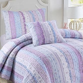 Cozy Line Home Fashions Raelynn Lavender Lace Orchid Light Purple Blue Flower Print Stripe Cotton 3D Bedding Quilt Set, Reversible Coverlet, Bedspread for Girls Women (Queen - 3 Piece)