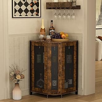 JKsmart Corner Storage Cabinet with Open Shelf 3 Tier Industrial Wine Bar Cabinet with Door Industrial Corner Cabinet Kitchen Living Dining Rustic Brown
