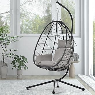 Egg Chair with Stand Indoor Outdoor Swing Chair Patio Wicker Hanging Egg Chair Hanging Basket Chair Hammock Chair with Stand for Bedroom Living Room Balcony (Light Gray)