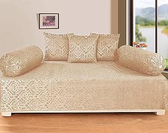 Premium Velvet Diwan Set - Bedsheet, 2pc Bolster Cover with Dori and 3pc Cushion Covers Large Set of 6 Pieces Beige