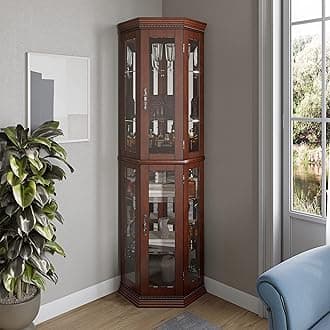 BELLEZE Lorona Floor Standing 5 Sided Lighted Corner Curio Cabinet, Walnut
