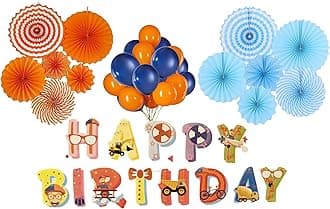 Atpata Funky Blue Orange Happy Birthday Themed Balloon Set - Character Shaped Foil Balloon, Colorful Cardstock Banner, Kids Art Party Decorations (Paper Fan & Banner)