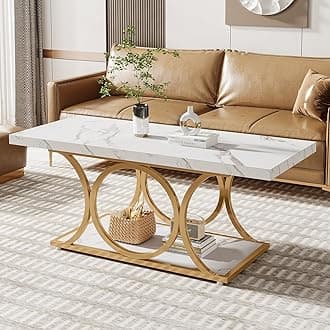 Tribesigns Rectangle Coffee Table, Modern Coffee Tables for Living Room, 2-Tier Faux Marble Wood Coffee Table with Geometric Metal Legs, Home Furniture with Storage Shelf(White and Gold)