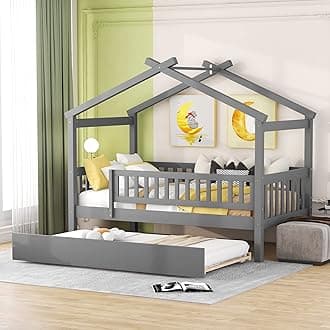 Bellemave House Bed with Trundle and Fence, Twin Size Montessori Style Beds with Railings, Wooden Playhouse Bed Frame for Kids Girls Boys, Gray