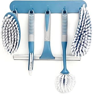Scrub Brush Set of 6 pcs - Cleaning Shower Scrubbers with Squeegee for Shower Glass and Adhesive Wall Hooks Including Grout Cleaner Brush, Scrub Brushes for Cleaning Bathroom, Shower, Tile, Bathtub