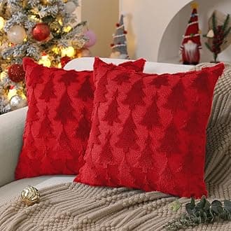 DFXSZ Christmas Tree Pillow Covers 18x18 inch Set of 2 Christmas Decoration Red Soft Plush Faux Fur Jacquard Throw Pillows for Bedroom Sofa Holiday Festivals Winter Home Decor X PTK009B18