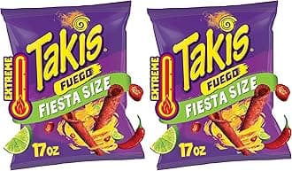 Takis Fuego 17 oz Fiesta Size Bag, Hot Chili Pepper & Lime Flavored Extreme Spicy Rolled Tortilla Chips (Pack of 2)