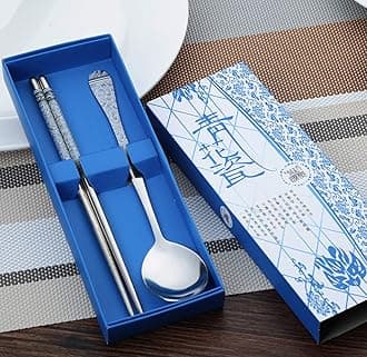 Pink Blue Purple Korean Stainless Steel Spoon Chopsticks Set Tableware Gifts (Pack of 3 Blue)