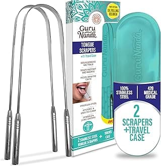 Stainless Steel Tongue Scraper, U-Shaped Ergonomic Design, Helps with Bad Breath, Great for Oral Hygiene, Medical Grade 100% Stainless Steel with Case for Adults & Kids U-Shape (Pack of 2)