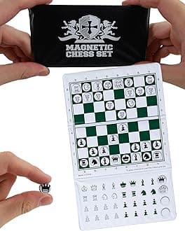 Mini Magnetic Travel Chess Set - 6" Foldable Board with Durable Vinyl Pieces & Extra Queens - Indoor & Outdoor Magnetic Chess Game - White Logo