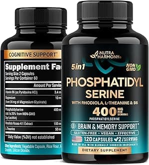 Phosphatidylserine 400 mg with L-Theanine, Magnesium & Vitamin B6, Rhodiola Rosea - Brain, Memory & Focus Support - Certified Non-GMO, Naturally Derived & Bioavailable - Made in USA - 120 Сapsules