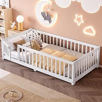 - Twin Size Kids Floor Bed with Door and Fence,Montessori Floor Bed with Slats and Safety Guardrails,Solid Wood Twin Bed Frame for Girls Boys,White