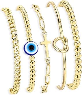 Gold Bracelets Set for Women Stack, Dainty Thick Bracelets Stack for Women Trendy, Simple Thin Gold Plated Cuff Stackable Bracelets With Beaded Cuban Paperclip Snake Rope Bangle Hand Chain Jewelry Gifts for Women Non Tainish