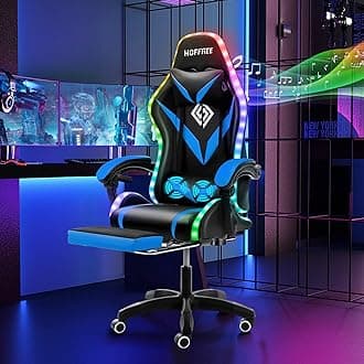 Gaming Chair Massage with Bluetooth Speakers and Led Lights Ergonomic Computer Gaming Chair with Footrest RGB Video Game Chair with High Back Lumbar Support Blue and Black
