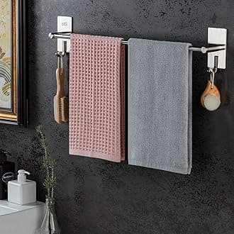 JS Towel Rail Wall Mounted SUS304 Stainless Steel Towel Holder Self Adhesive with 2 Hooks Stick on Towel Rack for Bathroom Shower Kitchen