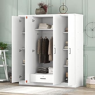 Quarte Modern 4-Door Wardrobe with Drawers, Shelves and Hanging Rail, Freestanding Armoire Wardrobe Closet, Clothes Storage Cabinet Organizer (White+4-Door)