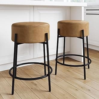 Nathan James Isaac 24" Modern Backless Bar Stool with Round Soft Padded Upholstered Seat and Metal Mid-Century Base, PU Light Brown/Black, Set of 2