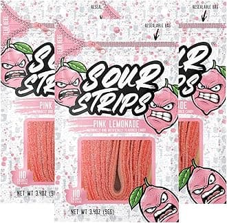 Sour Strips Sour Candy Belts, Pink Lemonade, Resealable Candy Bags, 3.4 Ounce (Pack of 3)