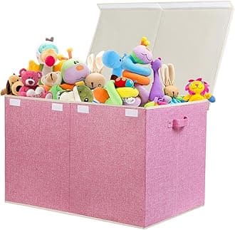 122L Large Toy Box Chest with Lid, Foldable Toy Storage Organizer Bin Boxes with Removable Divider for Kids, Boys, Girls, Nursery, Playroom, 26"x17" x17"(Linen Pink)