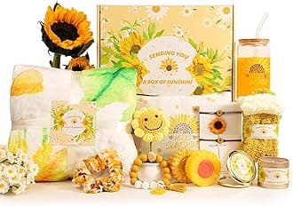 Sunflower Pamper Gift Set for Women, 15 PCS Get Well Soon Gifts with Luxury Fleece Blanket, 16oz Glass Cup & Scented Candle, Thinking of You Self Care Hamper for Her, Mum, Sister, Best Friend