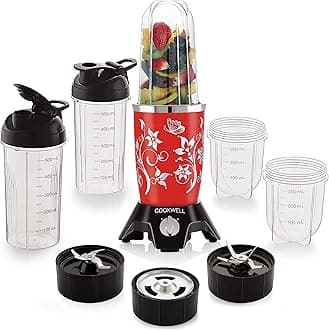 Cookwell Bullet Mixer Grinder (5 Jars, 3 Blades, Red) - Copper, 600 Watts - 2 Years Warranty