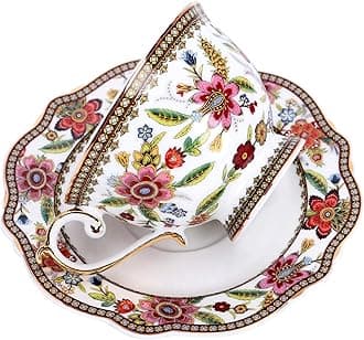 Fine Bone China British Coffee Cup and Saucer Set, Red Floral Vintage Porcelain Tea Cup, 200ml