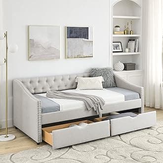 HomSof Twin Size Daybed with Drawers Upholstered Tufted Sofa Bed with Button on Back and Copper Nail on Waved Shape Arms, Beige
