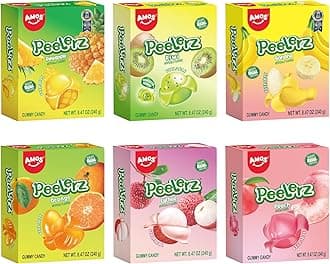 Amos Peelerz 6-Flavor Peelable Gummy Mix - Tropical Variety Pack (8.47oz Box) | Kiwi, Peach, Pineapple, Orange, Lychee & Banana
