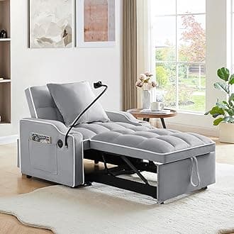 Sleeper Sofa Chair Bed, Convertible 3-in-1 Armchair, Adjustable Sleeper Chair with Pullout Bed, Single Lounger Futon with Side Pockets for Living Room (Grey)