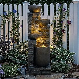 Hamiedun 38.2 ''H Cascading Bowls and Stacked Stones with Led Lights Outdoor Water Fountain for Gardens, Landscaping, Balconies, Floor Patio,Backyard and Home Art Decor