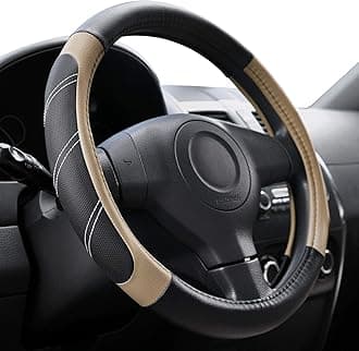 Steering Wheel Cover Leather 15 1/2 to 16 inch Universal Large Soft Grip Breathable for Car Truck SUV Jeep Anti Slip Beige