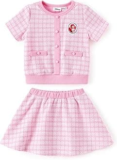 Disney Frozen Elsa Stitch Princess Moana Minnie Toddler Girl 2 Piece Outfit Kid Pearl Button Knit Top & Tweed Skirt Set 2-13Y