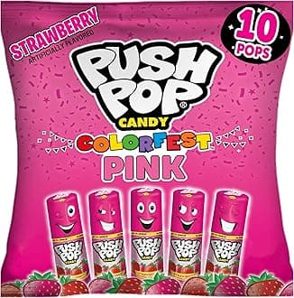Push Pop Pink Easter Candy Lollipops, 10 Ct Individually Wrapped Lollipops in Pink Strawberry Flavor, Full Size, Fun Hard Candy For Birthday Parties, Easter Basket Stuffers, Egg Fillers, Party Favors