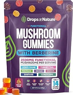 Mushroom Gummies & Berberine Supplement - Lion's Mane, Turkey Tail, Maitake, Reishi, Chaga, Shiitake & Cordyceps - Mushroom Supplement - Boosts Focus & Immune System (Mixed Fruits, 60 Gummies)