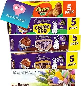 Maryseplace Easter eggs Variety packs of 4 Flavors- 20 Eggs totals- Peanut Butter Eggs- Cadbury Chocolate Creme Eggs - Caramel Creme Eggs- Easter Chocolate - Gift Boxed, Easter Hunt, Easter Candy- basket & Filler, Party Decor (20 Eggs) . Come With Maryse Place Fridge Sticker