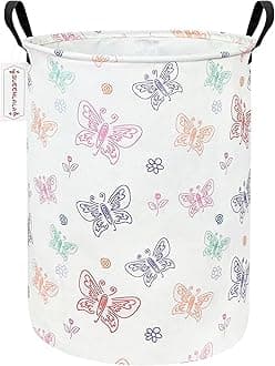 QUEENLALA Large Storage Basket,Laundry Hamper/Bathroom/Home Decor/Collapsible Round Storage Bin,Boys and Girls Hamper/Boxes/Clothing（Round-Colorful Butterfly）