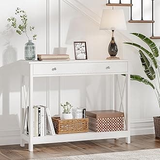 Treocho White Console Table with Drawer and Storage Shelves, Foyer Sofa Table Narrow for Entryway, Living Room, Hallway