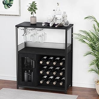 IDEALHOUSE 3-Tier Wine Bar Cabinet with Detachable Wine Rack and Storage Space, Buffet Cabinet with Glass Holder and Mesh Door, for Kitchen, Living Room and Bar (Black)