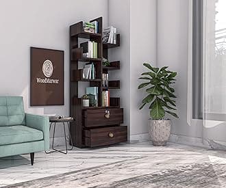 Sheesham Wood Free Standing Book Shelf | Multipurpose Bookshelf Storage Display Rack with 8 Shelf & 2 Drawer with Lock for Ofice | Decorative Corner Shelf Bookcase for Home Decor | Walnut