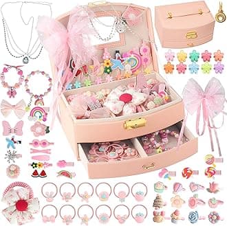Hair Clips & Jewelry Box Set, Hair Accessories Gift for Girls Age 3-10, Includes Hair Clips, Hair Barrettes, Hair Bows, Bracelet, Rings, Large Two-Layer Jewelry Organizer Box with Key Lock
