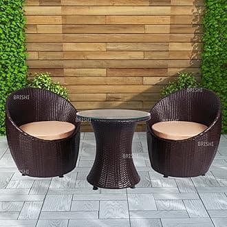 BRISHI Rattan & Wicker Garden Patio Seating Chair and Table Set Outdoor Balcony Garden Coffee Table Set Furniture and 2 Chairs 1 Table Set with Cushion (Dark Brown), 67 cm , 58 cm , 64 cm