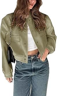 Womens Cropped Bomber Jacket Button Down Varsity Jackets Shackets with Pockets