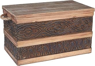 Household Essentials Decorative Trunk, Embossed Metal, Small, Chinese Fir Wood, Darkened Interior, Rope Handles, Flat and Fully Opening Lid, Handmade, Walnut and Almond Stain