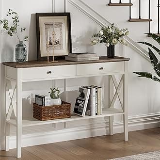 ChooChoo Farmhouse Console Table with Drawers, Narrow Wood Accent Sofa Table Entryway Table with Storage Shelf for Entryway, Front Hall, Hallway, Living Room, Antique White & Brown