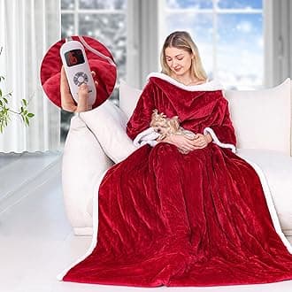 Yokimisu - Portable Heated Blanket, Electric Poncho with Pockets, 6 Heating Levels and 4 Hour Time Settings, 50" x 70", Red