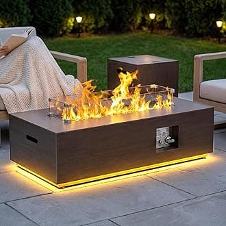 SUNPEAK Outdoor Fire Pit Table Propane Gas Fire pits &Outdoor Fireplaces Rectangular Firepit Table, 50,000 BTU Fire Table for Patio Set (42'' Light Brown with LED Golden Light)
