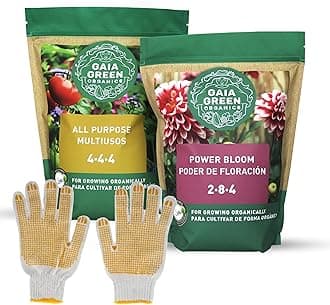 HabIde Gaia Green Bundle 2-8-4 Power Bloom and 4-4-4 All Purpose Organic Fertilizer Plant nutrients (2kg tubs) and a Pair of TOSSI Gardening Gloves